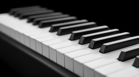 This image features a close-up of piano keys, showcasing the striking contrast between black and white. Ideal for conveying musical themes, inspiration, and creativity.の素材