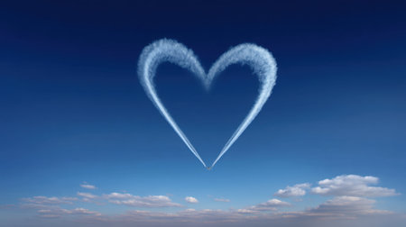A stunning heart-shaped cloud formation made by aircraft contrails creates a romantic atmosphere in a clear blue sky, inviting feelings of love and connection.の素材