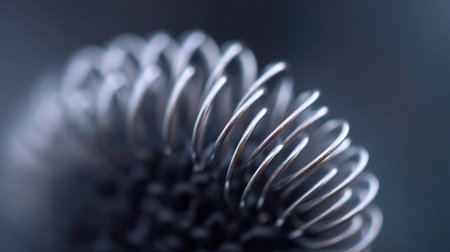 This stunning close-up image showcases a metal spring with a reflective surface and smooth curves, perfect for abstract designs or industrial-themed projects.の素材