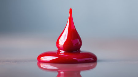 A stunning close-up shot of a bright red paint droplet resting on a reflective surface. This image captures the essence of artistic creativity, perfect for design projects.の素材