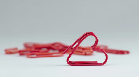 A unique red paperclip shaped like a heart stands out against a subtle gray background, representing creativity and love in office supplies. Ideal for various projects.の素材