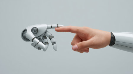A human finger reaches out to touch a robotic hand, illustrating the connection between humanity and advanced technology. This image captures innovation and interaction.の素材
