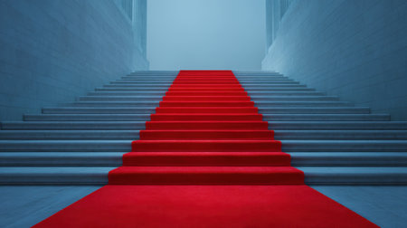 A stunning red carpet flows elegantly up a staircase in a beautifully lit grand hall, creating a perfect setting for luxury events and celebrations, evoking anticipation and prestige.の素材