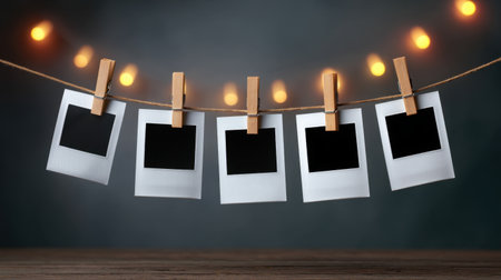 Capture the essence of nostalgia with empty photo frames hanging against a dark backdrop, illuminated by warm fairy lights, perfect for a cozy atmosphere.の素材