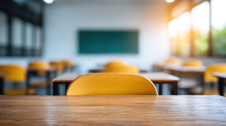 A serene view of an empty classroom featuring wooden desks and yellow chairs glowing in natural light. Ideal for themes of education, learning, and academic settings.の素材
