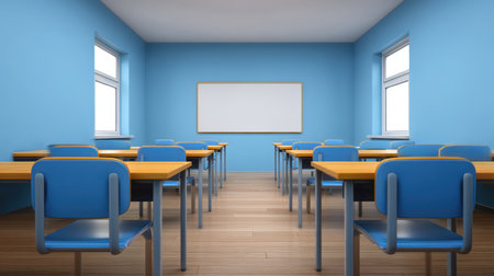 A spacious and bright classroom setting featuring wooden desks and blue chairs. Natural light highlights the inviting atmosphere, creating an ideal space for learning.の素材
