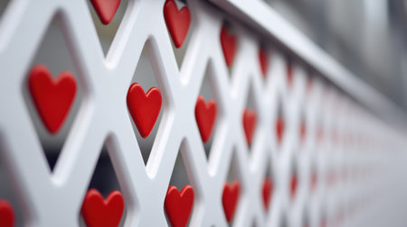 This decorative white fence features charming red hearts, creating a romantic atmosphere. Perfect for home decor or special event decorations for memorable moments.の素材