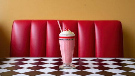 A delightful pink milkshake topped with whipped cream and a cherry sits on a classic checkerboard table in a retro diner, evoking feelings of nostalgia and sweetness.の素材
