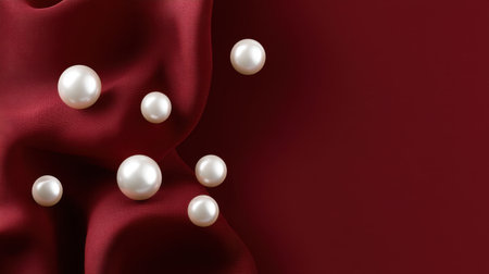 This image captures the beauty of white pearls resting on rich red silk, creating a striking visual harmony. Ideal for themes of luxury, elegance, and sophistication.の素材