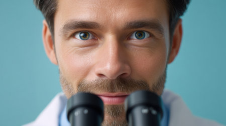 A close-up image of a male scientist in a lab coat, confidently smiling behind a microscope. The light blue background enhances the focus on his passion for research and science.の素材