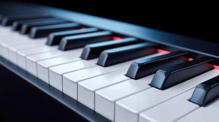 Explore a close-up view of piano keys showcasing a striking contrast between black and white elements, illuminated for a modern musical atmosphere and creative inspiration.の素材