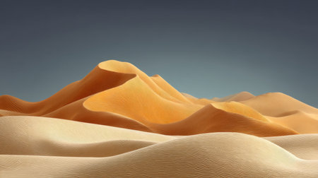 This stunning desert landscape features soft, undulating sand dunes glowing in warm tones beneath a vibrant blue sky, evoking a sense of tranquility and vastness in nature.の素材