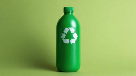 A vibrant green recyclable bottle prominently features a white recycle symbol against a solid green background, emphasizing eco-friendliness and sustainability efforts in today's world.の素材