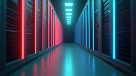 A visually striking view of a futuristic data center hallway illuminated by red and blue neon lights, showcasing advanced technology and infrastructure. Perfect for showcasing modern concepts.の素材