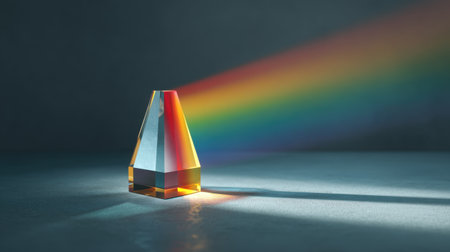 A stunning prism creates a beautiful rainbow spectrum of colors, showcasing the magic of light refraction against a moody backdrop, perfect for artistic projects.の素材