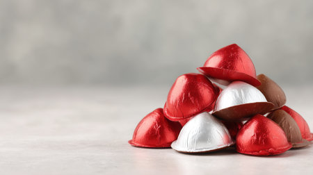 A delightful assortment of colorful chocolate confections wrapped in shiny red and silver foil, perfect for showcasing indulgence in festive occasions or advertising sweetness.の素材