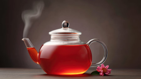 A stunning glass teapot sits on a wooden table, filled with steaming red tea, accompanied by a pink flower, inviting tea lovers to enjoy a moment of tranquility.の素材