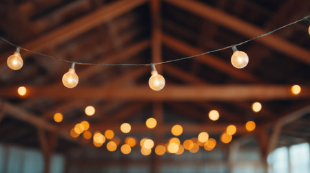 Experience the charm of a rustic barn adorned with glowing string lights, creating an inviting environment filled with warm bokeh lights, perfect for gatherings.の素材
