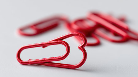 Vibrant red paper clips are showcased against a light background, featuring unique shapes for modern office aesthetics and creative organization solutions.の素材