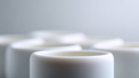 This image captures a minimalistic arrangement of white ceramic cups on a soft gray background, highlighting one cup with gentle blurring for an artistic effect.の素材