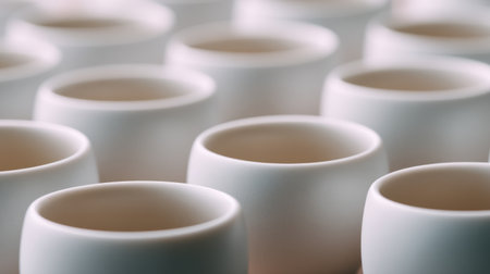 A collection of elegant white ceramic cups arranged in a neat layout, showcasing their simple beauty and modern design. Ideal for kitchen decor and artistic displays.の素材