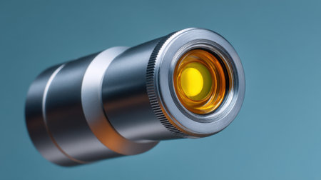 Stunning close-up photograph of a metallic lens cylinder highlighting precision design and optical quality. Ideal for technology and engineering themes.の素材