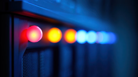 Captivating close-up image of illuminated server lights in various colors, highlighting the intricate details of technology and data storage systems in a dimly lit environment.の素材