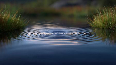 A tranquil scene showcasing ripples on the water surface surrounded by lush grass, emphasizing the soothing beauty of nature and the serene atmosphere at golden hour.の素材