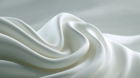 A close-up view of soft white silk fabric showcasing its elegant draping and fluid texture. Ideal for use in fashion and interior design projects, this image captures the interplay of light and shadow on a smooth surface.の素材