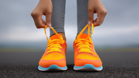 A close-up view of a person tying bright orange sneakers on dark pavement, set against a cloudy background, emphasizing preparation for fitness activities.の素材