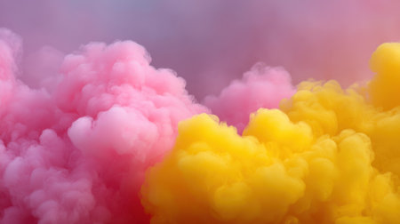 This stunning image features vibrant pink and yellow smoke clouds, creating a whimsical background perfect for artistic projects, posters, or social media use.の素材