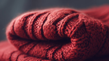 This close-up image features a beautifully folded red knit sweater, showcasing intricate textures and patterns. A perfect representation of warmth and comfort for colder seasons.の素材