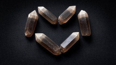A striking display of smoky quartz crystal points arranged in a heart shape, highlighting their natural beauty and unique textures on a dark background.の素材