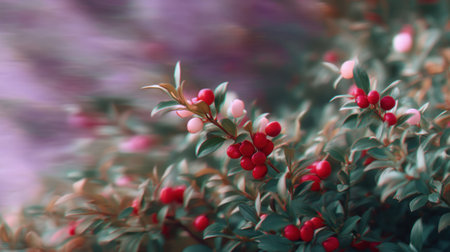 A close-up view of vibrant red berries nestled among lush green leaves, set against a soft, blurred background. The image captures the essence of natureの素材
