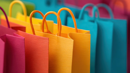 A collection of colorful paper shopping bags in vibrant hues, perfect for emphasizing retail shopping experiences or decorative displays during special events.の素材