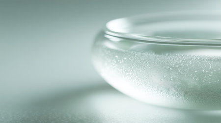 A close-up view of a transparent glass bowl featuring water droplets on its surface, illuminated by soft light, creating an elegant and tranquil ambiance suitable for various themes.の素材