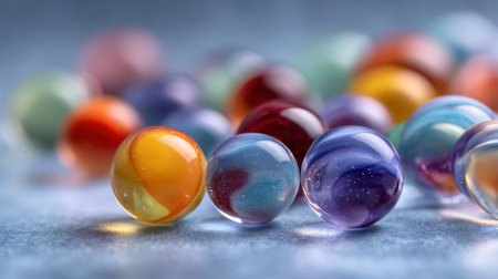 A captivating arrangement of colorful glass marbles on a soft blue surface, showcasing their vibrant colors and smooth textures for an artistic and playful touch.の素材