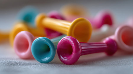A vibrant assortment of colorful toy trumpet pieces lays scattered on a soft surface, inviting a sense of playfulness and creativity for both children and adults.の素材