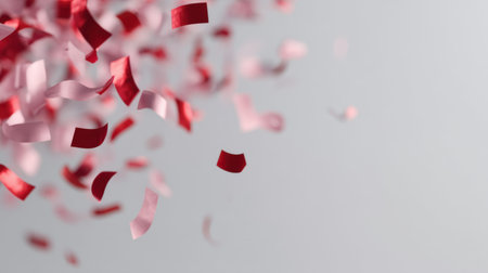Colorful confetti in shades of red and pink floats gently in the air against a muted gray background, evoking a joyful and celebratory vibe perfect for any event.の素材