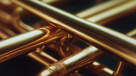 This image features a close-up of polished brass trumpets, highlighting their shiny surfaces and intricate details. The warm lighting enhances the elegance of these musical instruments.の素材
