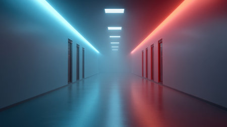 A visually striking corridor featuring vibrant neon lights in blue and red, creating a surreal atmosphere. Ideal for art, design, and architectural projects.の素材