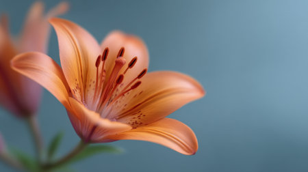 A stunning close-up of an orange lily showcasing its delicate petals and vibrant color, set against a soft blue background, perfect for nature and floral themes.の素材