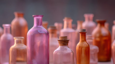 A captivating arrangement of assorted glass bottles in shades of pink and amber, featuring cork stoppers, set against a soft blurred background, perfect for artistic projects.の素材