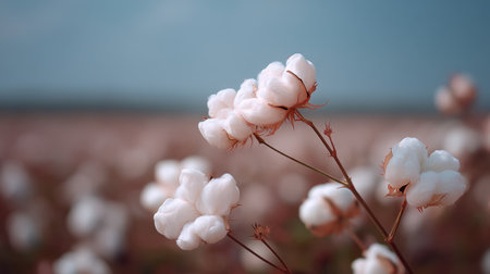 A serene view of cotton blossoms in a soft pink hue, set against a tranquil blue sky, highlighting the delicate beauty of nature and agricultural life.の素材