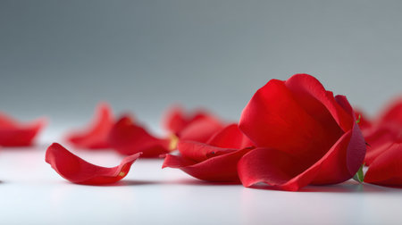 A serene arrangement of delicate red rose petals scattered elegantly on a white surface, showcasing a romantic and inviting atmosphere perfect for various celebrations.の素材