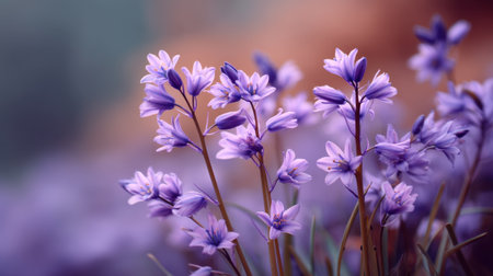 A closeup of delicate purple wildflowers blooming gracefully in soft focus, embodying the beauty of springtime in a serene natural garden setting.の素材