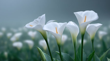 Beautiful white calla lilies stand gracefully in a misty field, conveying a sense of peace and natural beauty, perfect for tranquil nature-themed projects or designs.の素材