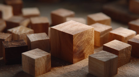 A captivating close-up of wooden cubes showcasing various sizes and textures. Perfect for crafts, design projects, or inspiration in woodworking and art.の素材