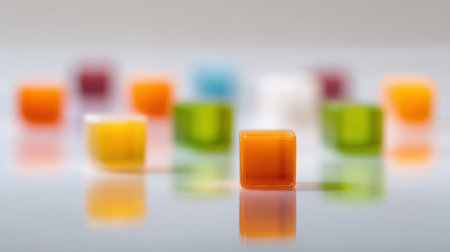 A vibrant display of colorful rectangular candy pieces creates a playful scene. The soft lighting and blurred background enhance the joyful aesthetic, perfect for creative uses.の素材