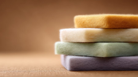 This image showcases a stack of soft, textured squares in pastel colors resting on a wooden surface, perfect for inspiring craft projects and home decor ideas.の素材
